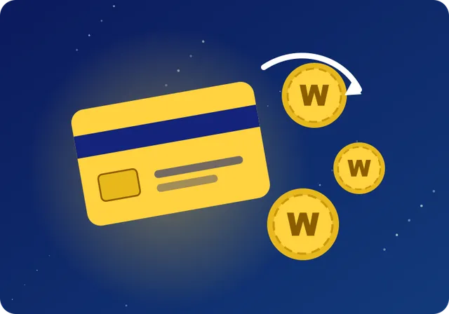 Wonaco cashier illustration with a bank card and gold W coins Wonaco cashier illustration with a bank card and gold W coins